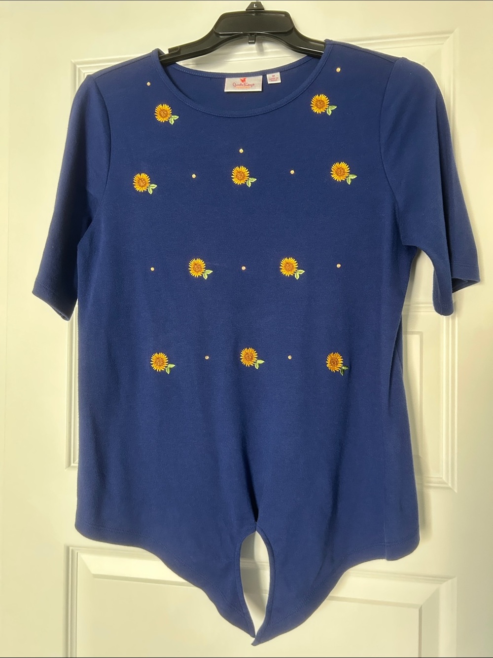 Quacker Factory Royal Blue Short Sleeve Top with Sunflower Embroidery